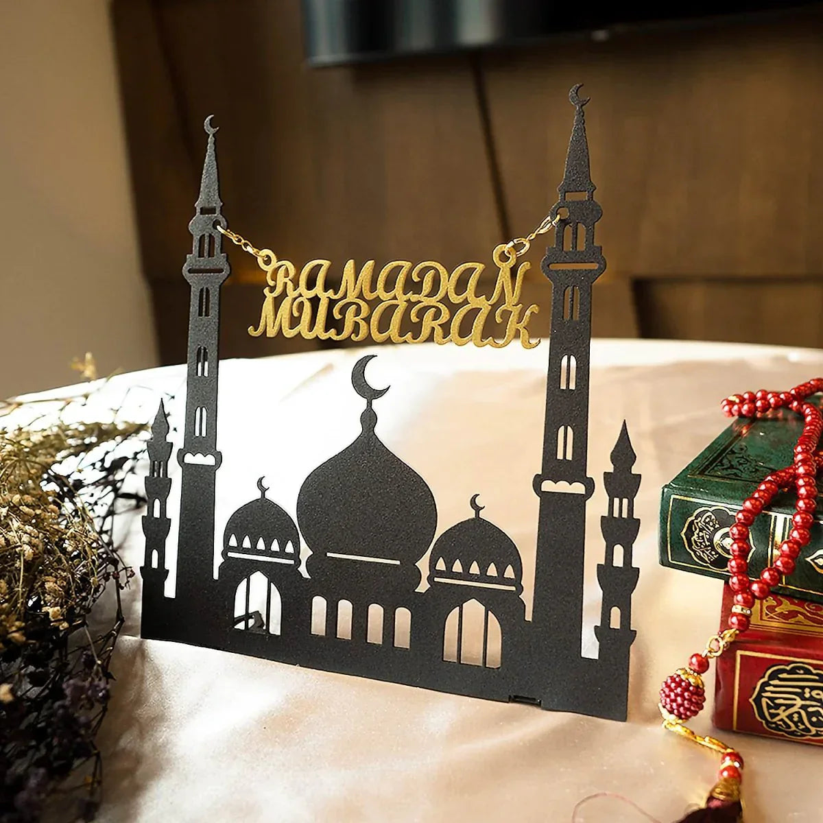 Mosque Stand with Ramadan Mubarak Metal Tabletop Décor